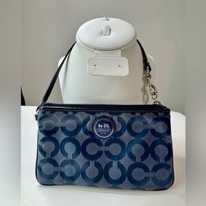 Coach Alex Op Art Monogram Coated Wristlet Navy Blue